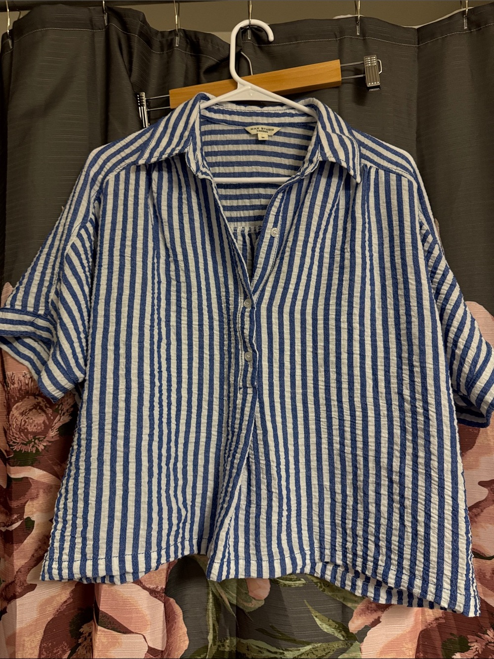 Max Studio Blue and White Striped Button-Front Blouse